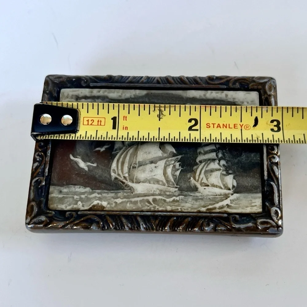 Vintage Incolay Belt Buckle Carved Stone Ship Nautical Coastal 1970s Brass